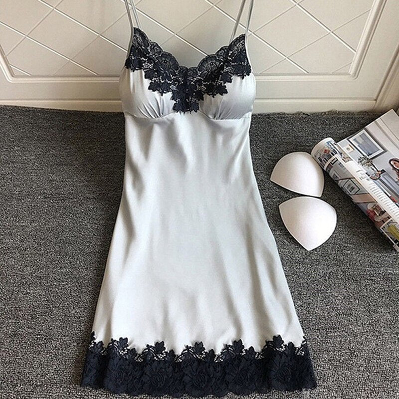 Silk Night Gown Lace Patchwork Mini ...